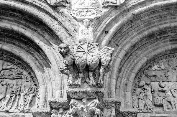 Detalii Arhitecturale Fațada Catedralei Santiago Compostela Spania Imagine Alb Negru — Fotografie, imagine de stoc
