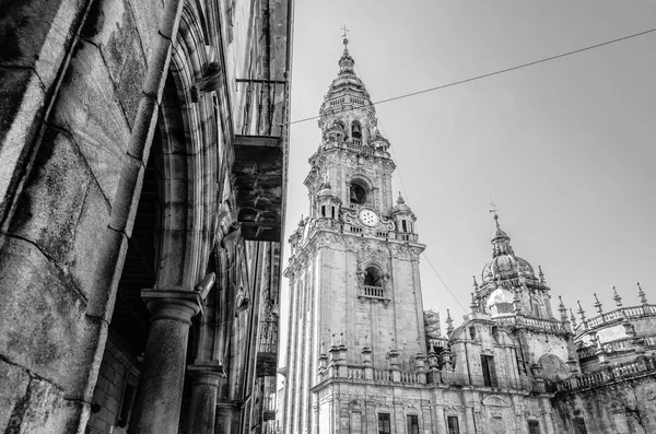 Religious architecture, cathedral of Santiago de Compostela, pilgrimage place in Spain, black and white image