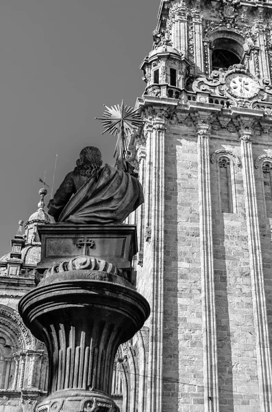 Religious architecture, cathedral of Santiago de Compostela, pilgrimage place in Spain, black and white image