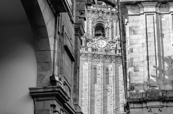 Religious architecture, cathedral of Santiago de Compostela, pilgrimage place in Spain, black and white image