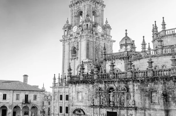 Religious architecture, cathedral of Santiago de Compostela, pilgrimage place in Spain, black and white image