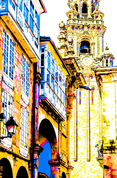 スペインのサンティアゴ コンポステーラ大聖堂のカラフルなイラスト — ストック写真