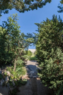 MADRID, SPAIN - 23 Ağustos 2015: Madrid, İspanya Kraliyet Sarayı ile Campo del Moro Bahçeleri manzarası; balıkgöz perspektifi