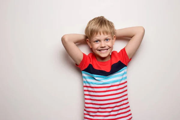 Little Smiling Boy Shirt Isolated White Background Studio Portrait — Stock Photo, Image
