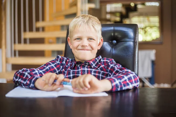 Happy Schoolboy Writing Notebook Home Homework Education Childhood People Concept — Stock Photo, Image