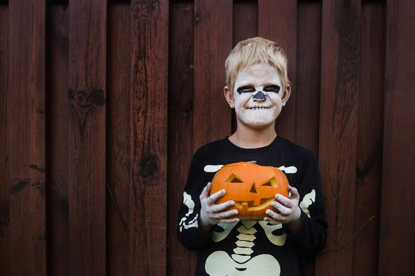 Happy Young Blond Hair Boy Skeleton Costume Holding Jack Lantern — Stock Photo, Image