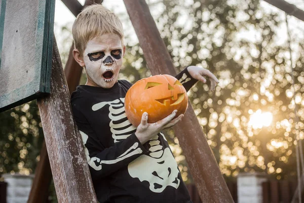 Happy Young Blond Hair Boy Skeleton Costume Holding Jack Lantern — Stock Photo, Image