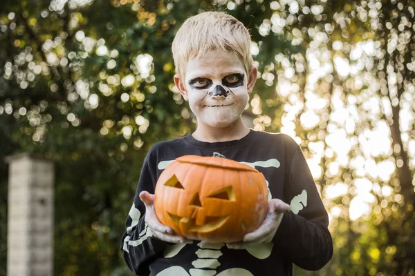 Happy Young Blond Hair Boy Skeleton Costume Holding Jack Lantern — Stock Photo, Image