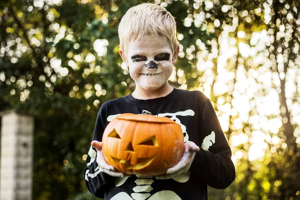 Happy Young Blond Hair Boy Skeleton Costume Holding Jack Lantern — Stock Photo, Image