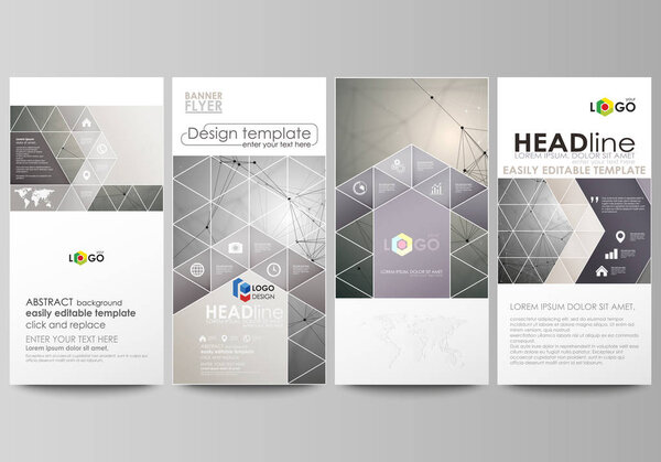 Набор флаеров, современные баннеры. Бизнес шаблоны. Шаблон оформления обложки, легко редактируемый абстрактный векторный макет. Химический узор, структура молекул на сером фоне. Концепция науки и техники
.