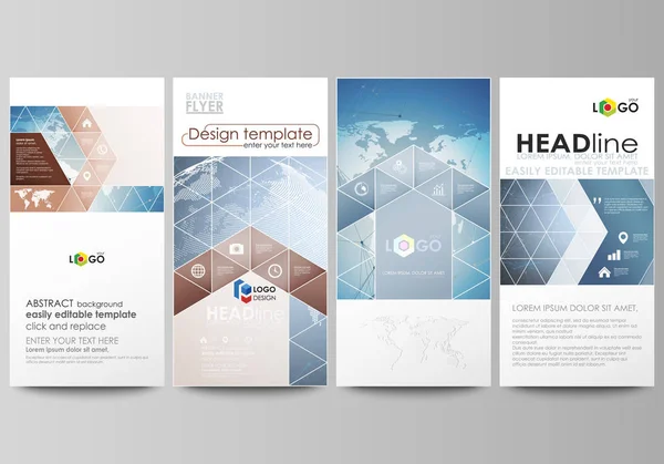 A ilustração minimalista do vetor abstrato do layout editável de quatro banners verticais modernos, folhetos projetam modelos de negócios. Pesquisa científica de ADN médico. Conceito de ciência ou medicina . —  Vetores de Stock