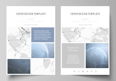 A4 formatında düzenlenebilir yerleşimini vektör çizim tasarım şablonları broşür, dergi, broşür, kitapçık, rapor için kapsar. Dünya küre mavi. Genel ağ bağlantıları, çizgiler ve noktalar.