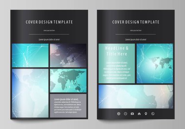 A4 formatında düzenlenebilir yerleşimini siyah renkli vektör çizim tasarım şablonları için broşür, dergi, broşür, kitapçık kapsar. Molekül yapısı, çizgiler ve noktalar bağlama. Teknoloji kavramı.