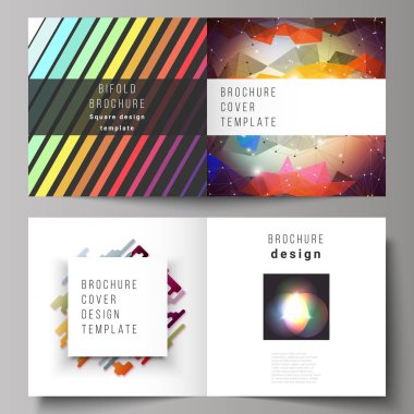 Düzen iki vektör çizim kare tasarım bifold broşür, dergi, broşür, kitapçık için şablonlar kapsar. Renkli geometrik arka seçim için minimalist tasarım