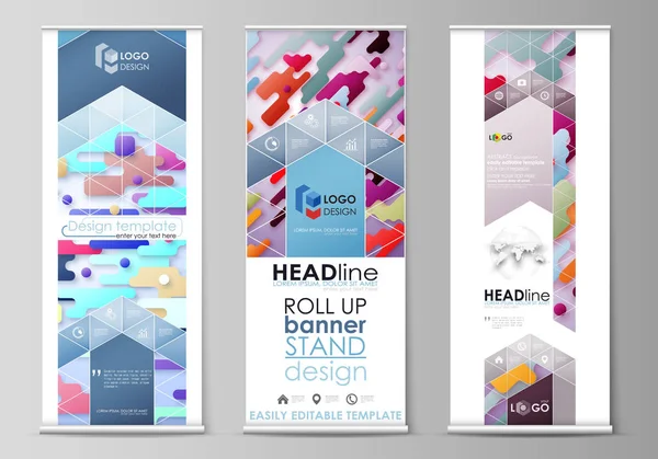 Roll up banner stands met platte ontwerpsjablonen, abstracte stijl, corporate verticale vector flyers, vlag lay-outs. Felle kleur kleurrijke minimalistische achtergrond met geometrische vormen, minimalistische achtergrond. — Stockvector