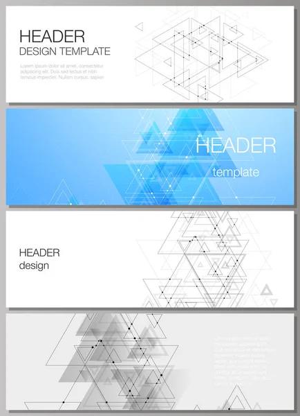 Die minimalistische Vektorillustration des editierbaren Layouts von Kopfzeilen, Banner-Design-Vorlagen in gängigen Formaten. polygonaler Hintergrund mit Dreiecken, verbindenden Punkten und Linien. Verbindungsstruktur — Stockvektor