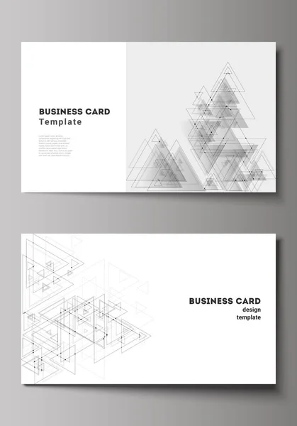 The minimalistic abstract vector illustration of editable layout of two creative business cards design templates. Polygonal background with triangles, connecting dots and lines. Connection structure. — Stock Vector