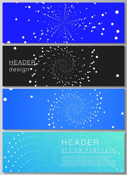 La ilustración vectorial minimalista de la disposición editable de los encabezados, plantillas de diseño de banners en formatos populares. Fondo de tecnología geométrica. Sendero de vórtice monocromo abstracto . — Vector de stock