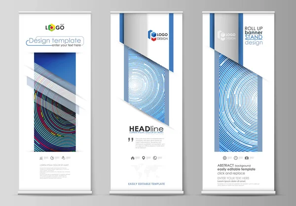 Roll up banner stands, plantillas de diseño plano, estilo minimalista geométrico abstracto, concepto de negocio, volantes vectoriales verticales corporativos, diseños de banderas. Fondo de color azul hecho de círculos coloridos . — Vector de stock