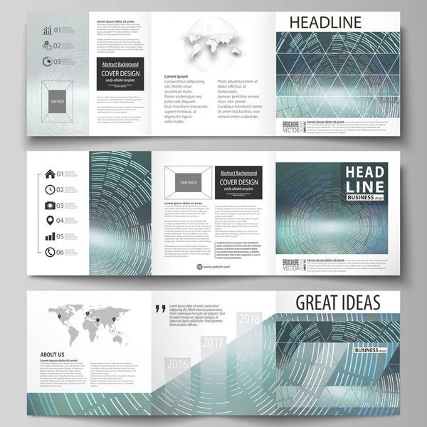 Eine Reihe von Geschäftsvorlagen für dreifach quadratische Design-Broschüren. Prospekteinband, abstraktes flaches Layout, leicht editierbarer Vektor. Technologiehintergrund im geometrischen Stil aus Kreisen. — Stockvektor