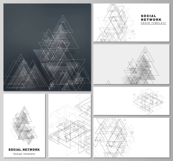 Los diseños vectoriales editables abstractos minimalistas de las maquetas de redes sociales modernas en formatos populares. Fondo poligonal con triángulos, puntos de conexión y líneas. Estructura de conexión . — Archivo Imágenes Vectoriales