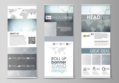 Rulo afiş standları, düz tasarım şablonları, kurumsal dikey vektör el ilanları, bayrak düzenler. Kimya desen, çizgiler ve noktalar, molekül yapısı, bilimsel tıbbi Dna araştırma bağlanma.