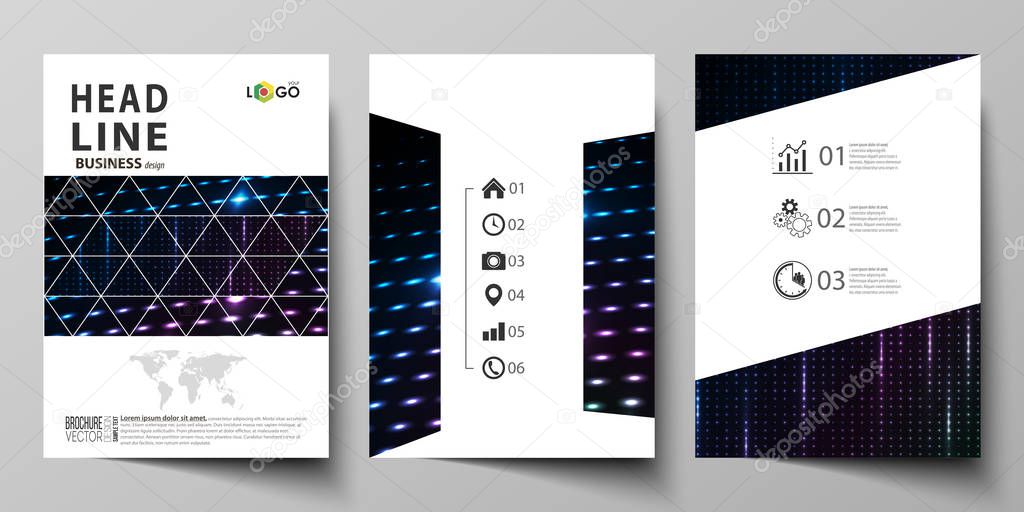 Business templates for brochure, magazine, flyer, booklet. Cover template, layout in A4 format. Abstract colorful neon dots, dotted background. Glowing particles, led light pattern, vector design.