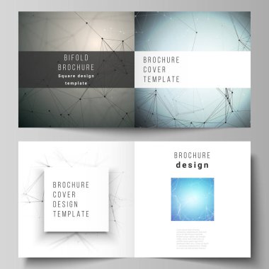 Vektör düzeni iki kare tasarım bifold broşür, el ilanı, broşür için şablonlar kapsar. Teknoloji, bilim, tıp kavramı. Molekül yapısı, çizgiler ve noktalar bağlama. Fütüristik arka plan