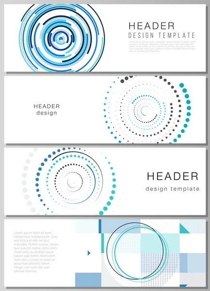 La ilustración vectorial minimalista de la disposición editable de los encabezados, plantillas de diseño de banner con fondo geométrico simple hecho de puntos, círculos, rectángulos — Archivo Imágenes Vectoriales