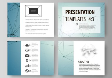 İş şablonları sunma kaymak için kümesi. Düz tasarım soyut vektör düzenler. Geometrik arka plan, bağlantılı çizgi ve noktalar. Moleküler yapısı. Bilimsel, tıp, teknoloji kavramı.