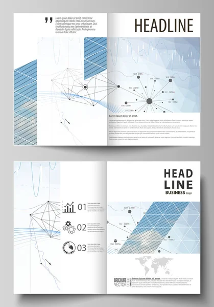 Modèles d'affaires pour brochure bi-pliante, dépliant, rapport. Modèle de conception de couverture, mise en page vectorielle en format A4. Fond infographique abstrait de couleur bleue avec lignes, symboles, graphiques et autres éléments . — Image vectorielle