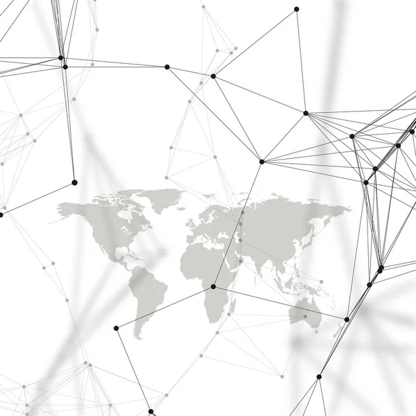 Abstrakter futuristischer Hintergrund mit verbindenden Linien und Punkten, polygonale lineare Textur. Weltkarte auf weiß. globale Netzwerkverbindungen, geometrisches Design, digitales Konzept der Baggerdatentechnologie. — Stockvektor