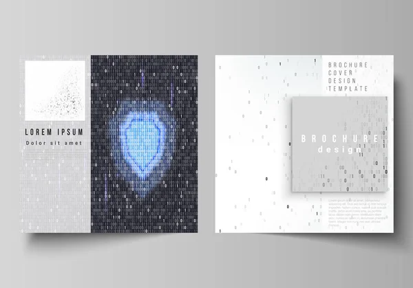The minimal vector layout of two square format covers design templates for brochure, flyer, magazine. Binary code background. AI, big data, coding or hacker concept, digital technology background.
