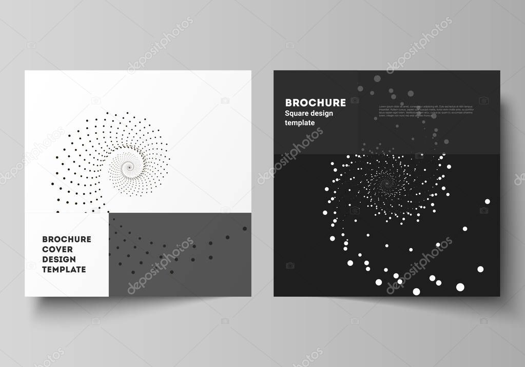 The minimal vector illustration of editable layout of two square format covers design templates for brochure, flyer, magazine. Geometric technology background. Abstract monochrome vortex trail.