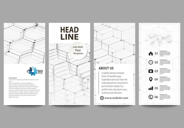 Flyers set, banners modernos. Modelos de negócios. Modelo de design de capa, layouts vetoriais abstratos. Padrão químico, estrutura molecular hexagonal no branco. Conceito de medicina, ciência e tecnologia . —  Vetores de Stock