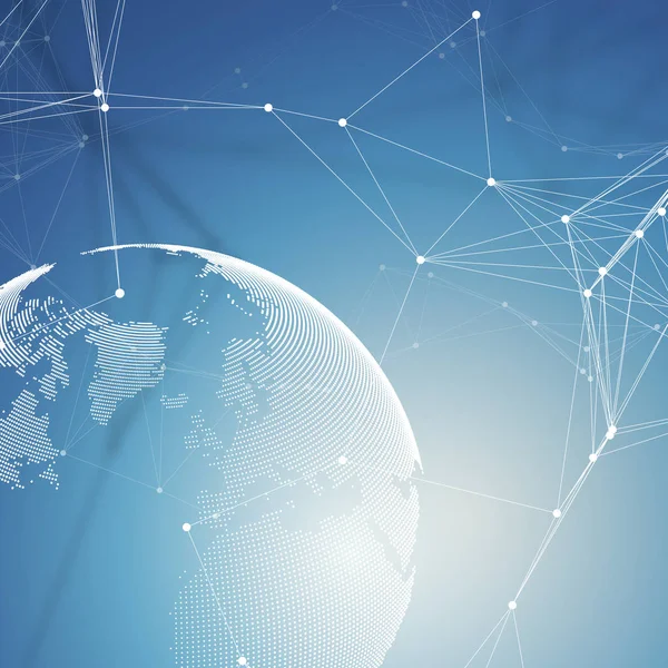 Bağlanma çizgiler ve noktalar, poligonal doğrusal doku ile mavi arka plan üzerinde dünya dünya. Veri teknolojisi dijital kavramı küresel ağ bağlantıları, soyut futuristik geometrik tasarım, kazmak.