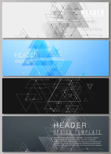 The minimalistic vector illustration of editable layout of headers, banner design templates in popular formats. Polygonal background with triangles, connecting dots and lines. Connection structure — Stock Vector