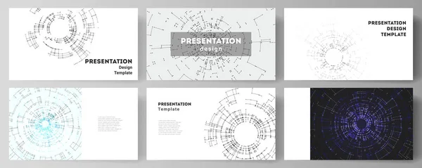 Das minimalistische abstrakte Vektorlayout der Präsentationsfolien gestaltet Geschäftsvorlagen. Netzwerkverbindungskonzept mit Verbindungslinien und Punkten. Technologie-Design, digitaler geometrischer Hintergrund — Stockvektor