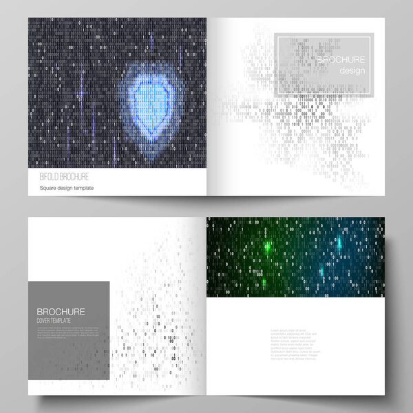 The vector layout of two covers templates for square design bifold brochure, magazine, flyer, booklet. Binary code background. AI, big data, coding or hacker concept, digital technology background.