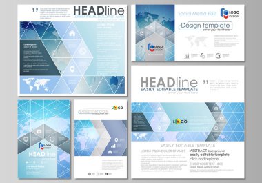 Modern sosyal medya mesaj tasarım şablonları popüler formatları düzenlenebilir yerleşimini minimalist tasarlamak vektör çizim. Dünya harita üzerinde mavi, geometrik teknoloji tasarım, poligonal doku.