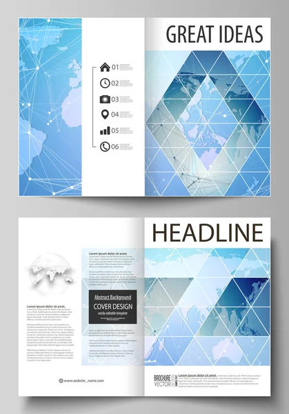 L'illustration vectorielle de la mise en page modifiable de deux modèles de couverture modernes au format A4 pour brochure, magazine, dépliant. Carte du monde sur bleu, design technique géométrique, texture polygonale . — Image vectorielle