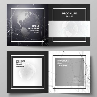 Vektör düzeni iki kapsar şablonları için kare tasarım bifold broşür, el ilanı. Futuristik geometrik tasarım dünya küre, çizgiler ve noktalar bağlama ile. Genel ağ bağlantıları, teknoloji kavramı.