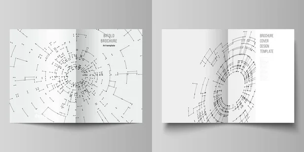 El diseño vectorial de dos maquetas de diseño de portada de formato A4 plantillas para folleto bifold, volante, folleto, informe. Concepto de conexión de red con líneas de conexión y puntos. Fondo de diseño tecnológico . — Vector de stock