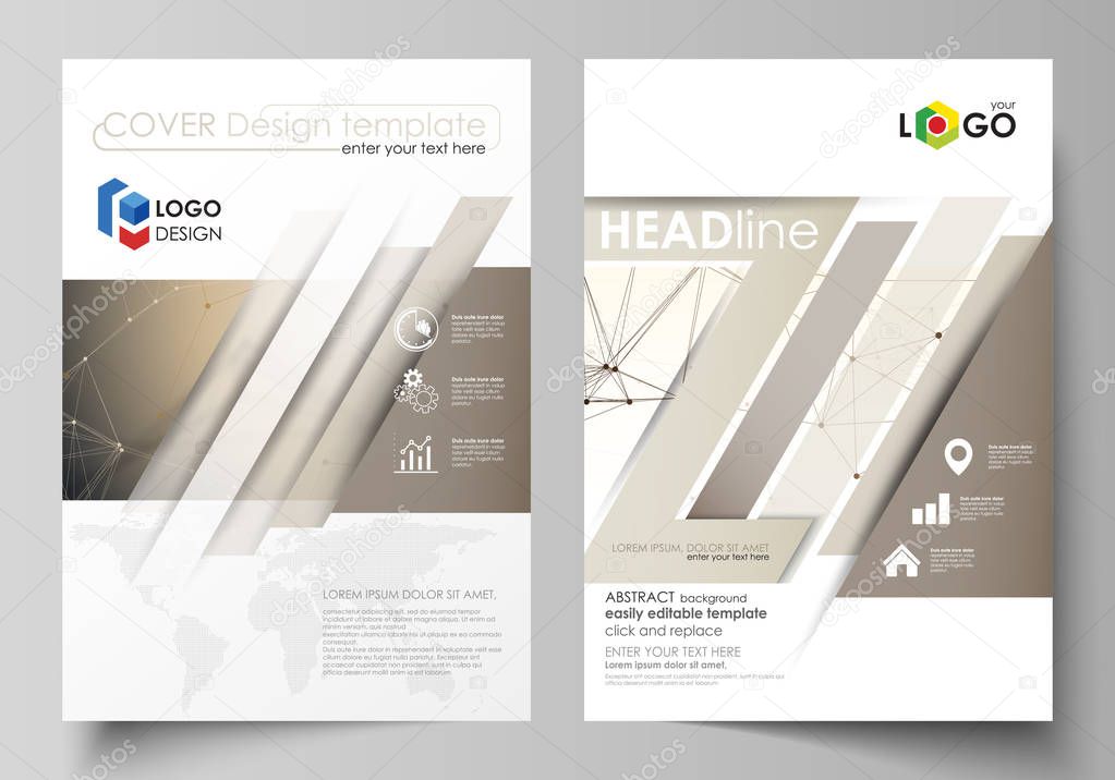 Business templates for brochure, flyer, booklet, report. Cover design template, vector layout in A4 size. Technology, science, medical concept. Golden dots and lines, digital style. Lines plexus.