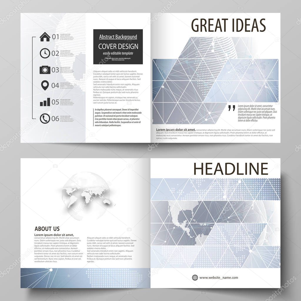 The vector illustration of the editable layout of two covers templates for square design bi fold brochure, magazine, flyer, booklet. Abstract futuristic network shapes. High tech background.