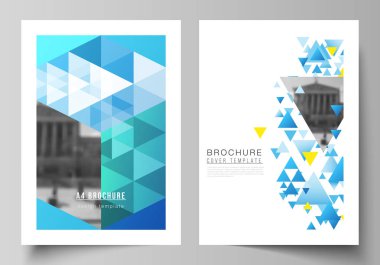 A4 formatında modern kapak örnekler vektör yerleşimini tasarım şablonları broşür, dergi, broşür, kitapçık, faaliyet raporu için. Mavi renk poligonal arka plan ile üçgenler, renkli mozaik desen.