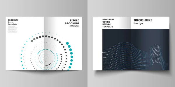 L'illustration vectorielle de la mise en page modifiable de deux modèles de couverture de format A4 avec fond géométrique fait de points, cercles, vagues pour brochure bifold, magazine, dépliant, livret . — Image vectorielle