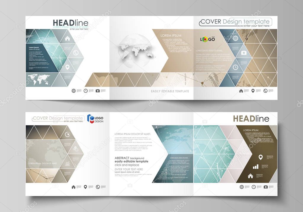 The minimalistic vector illustration of the editable layout. Two modern creative covers design templates for square brochure or flyer. Chemistry pattern with molecule structure. Medical DNA research