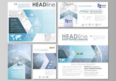 Modern sosyal medya mesaj tasarım şablonları popüler formatları düzenlenebilir yerleşimini minimalist tasarlamak vektör çizim. Dünya küre mavi. Genel ağ bağlantıları, çizgiler ve noktalar.