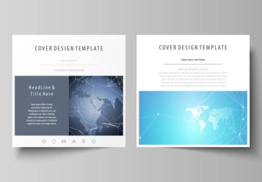 İki kare biçimi düzenlenebilir yerleşimini minimalist vektör çizim tasarım şablonları için broşür, el ilanı, dergi kapsar. Soyut küresel tasarım. Kimya desen, molekül yapısı.